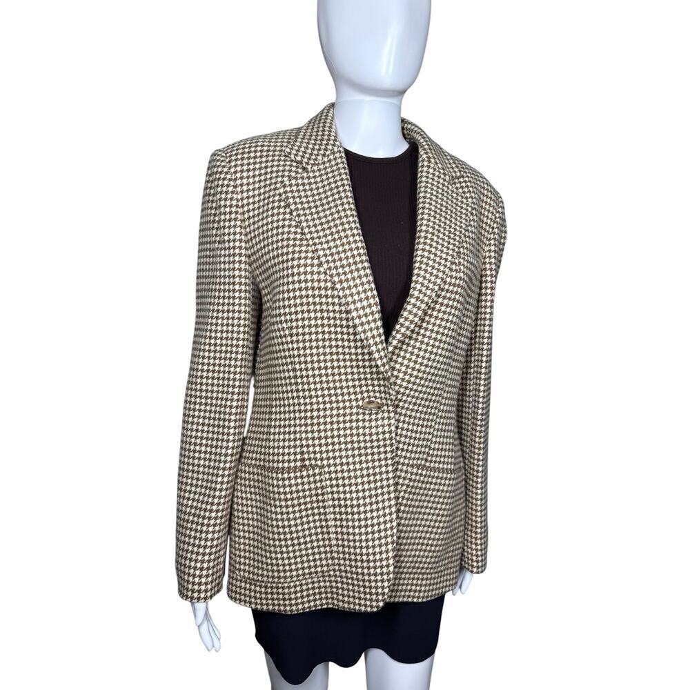 Vintage Lauren by Ralph Lauren Houndstooth 100% Wool Brown Cream Blazer Size 10